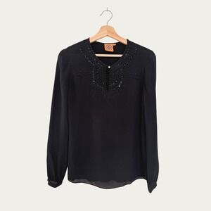 TORY BURCH Black Silk Beaded Sequin Long Sleeve Blouse Glam Regency Size 4